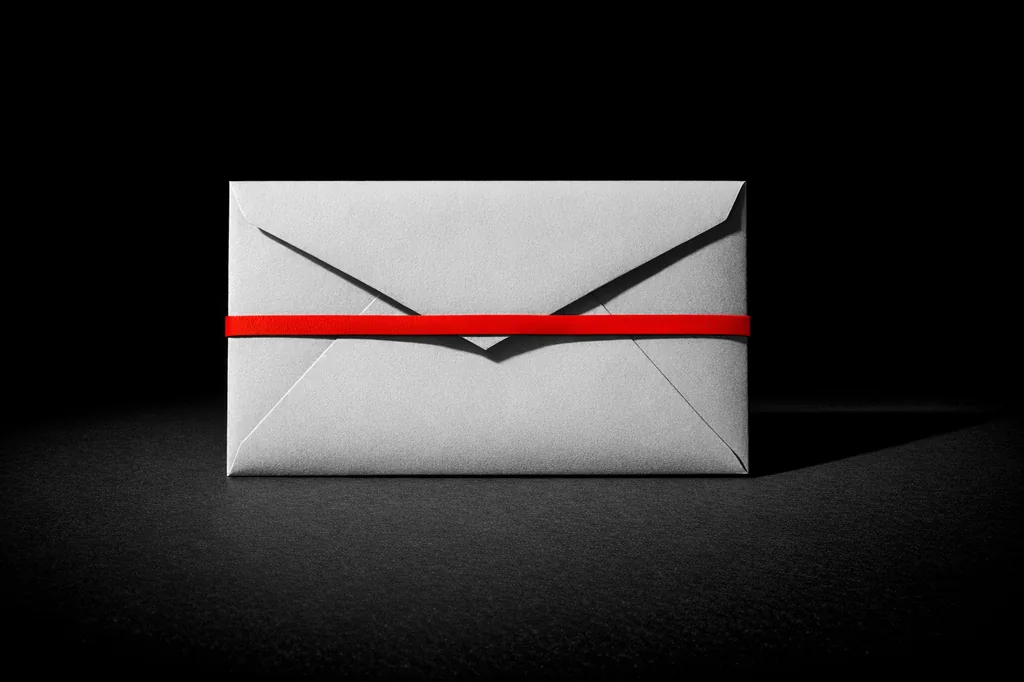 Sealed envelope with a matte vermillion tie representing the offshore licence dispute chain of custody